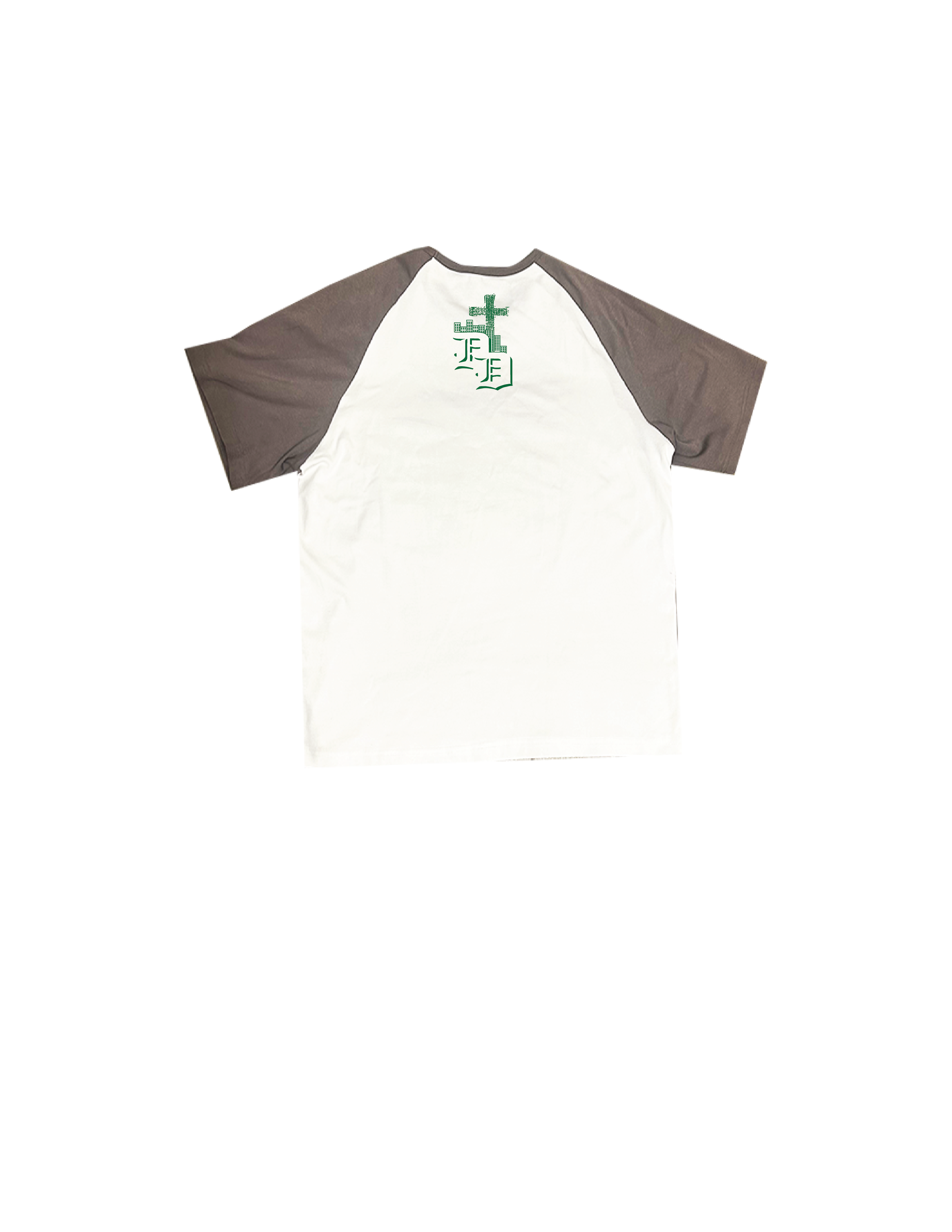 'OUT OF MANY, ONE PEOPLE' ringer tee in tan and white