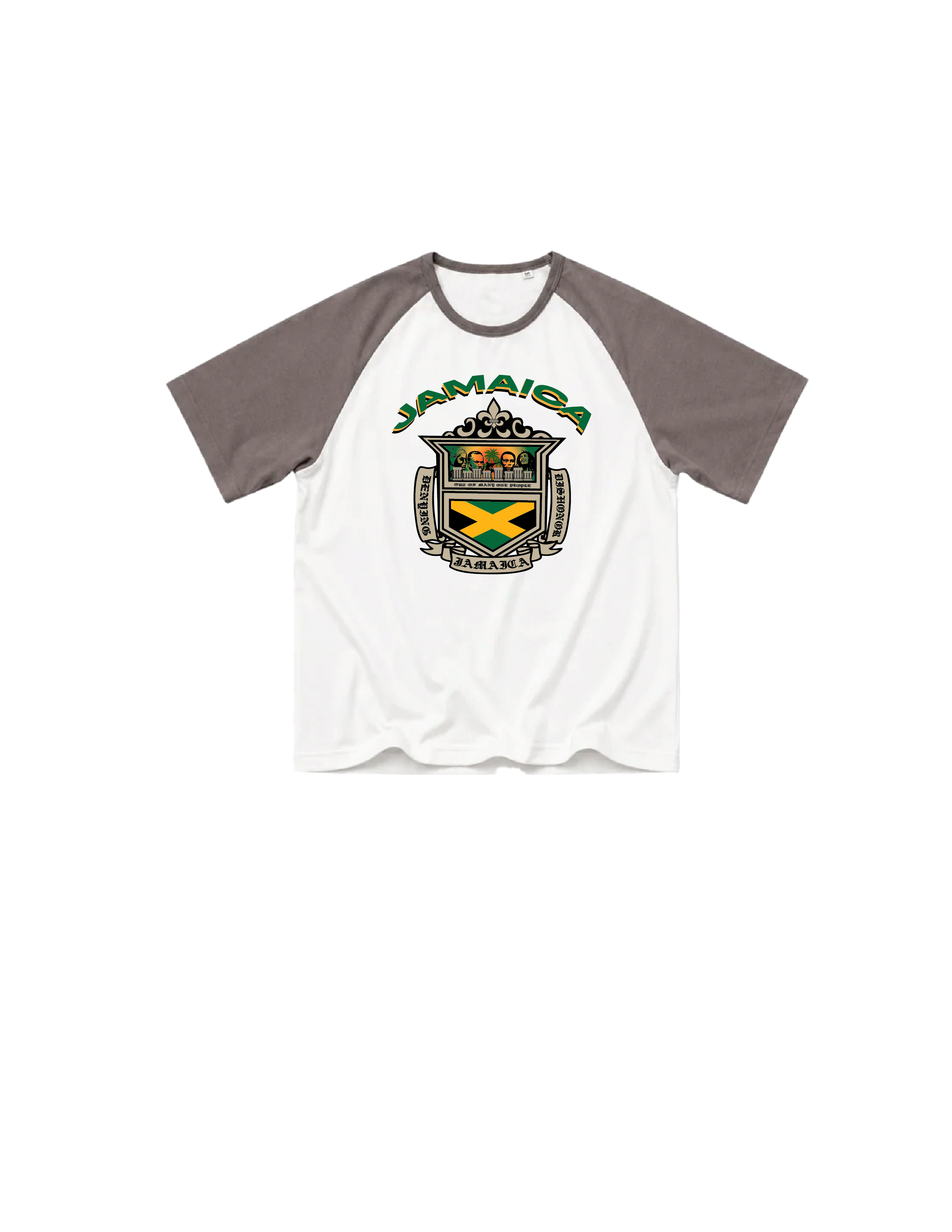 'OUT OF MANY, ONE PEOPLE' ringer tee in tan and white