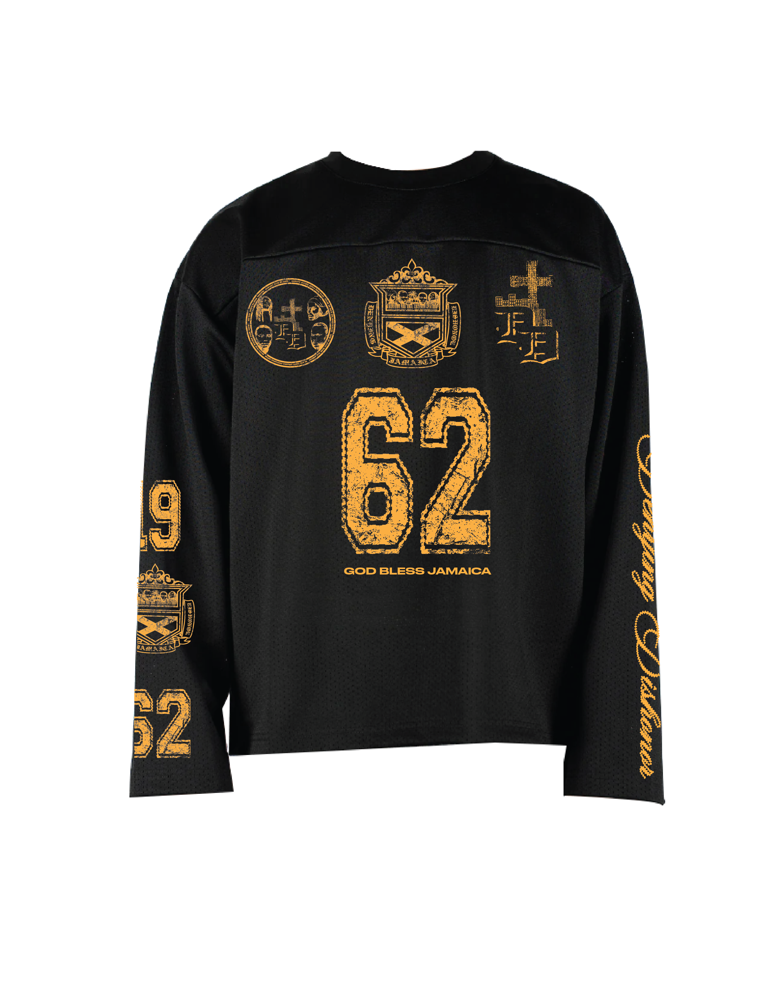 'GOD BLESS JAMAICA' mesh long sleeve jersey in black