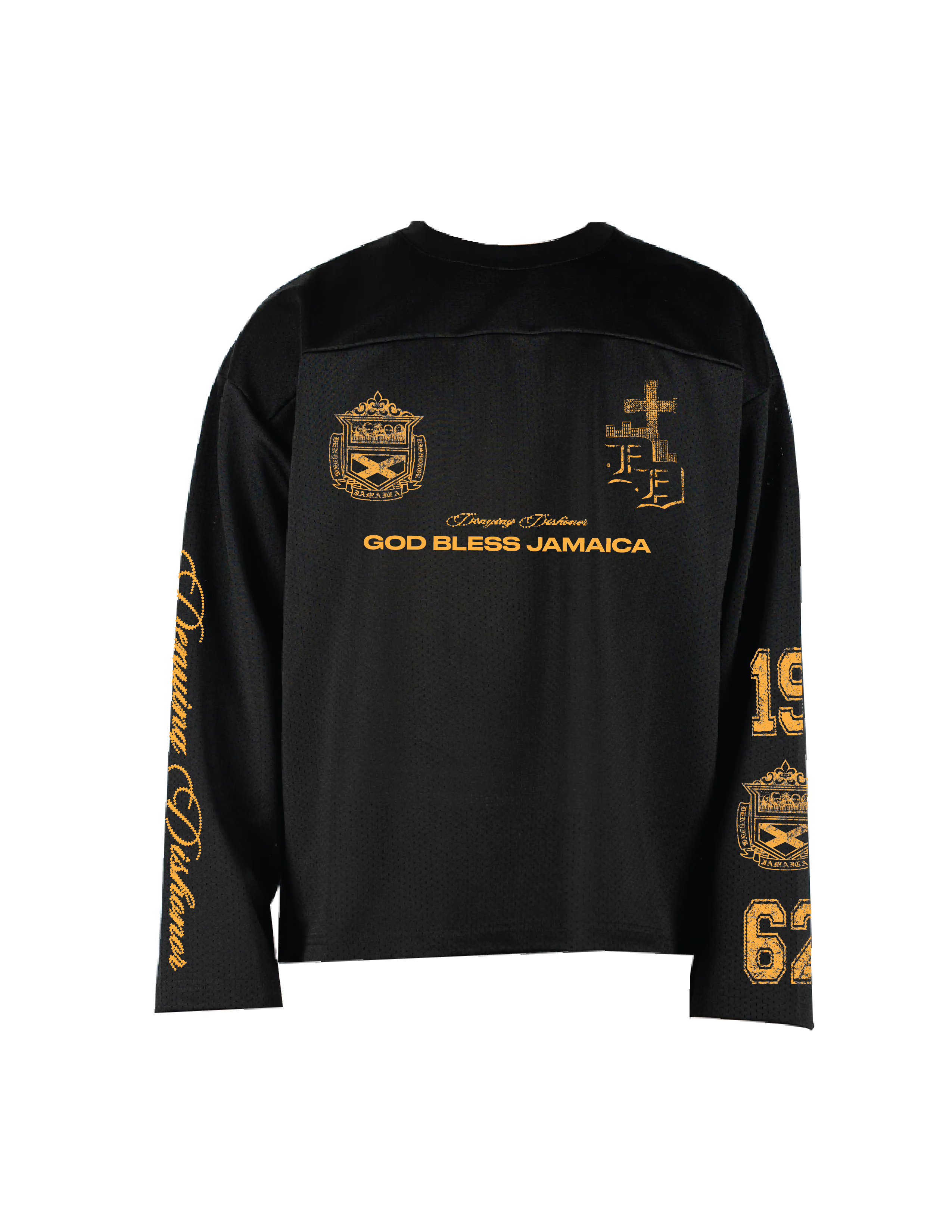 'GOD BLESS JAMAICA' mesh long sleeve jersey in black