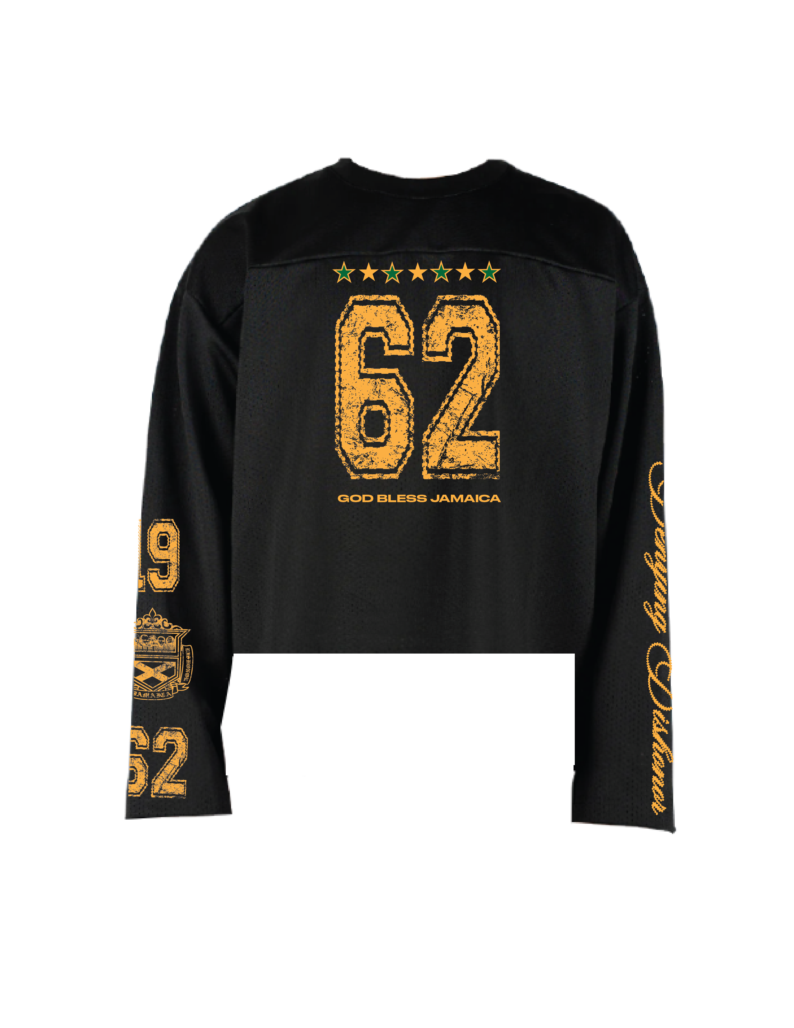 'GOD BLESS JAMAICA' cropped mesh jersey in black