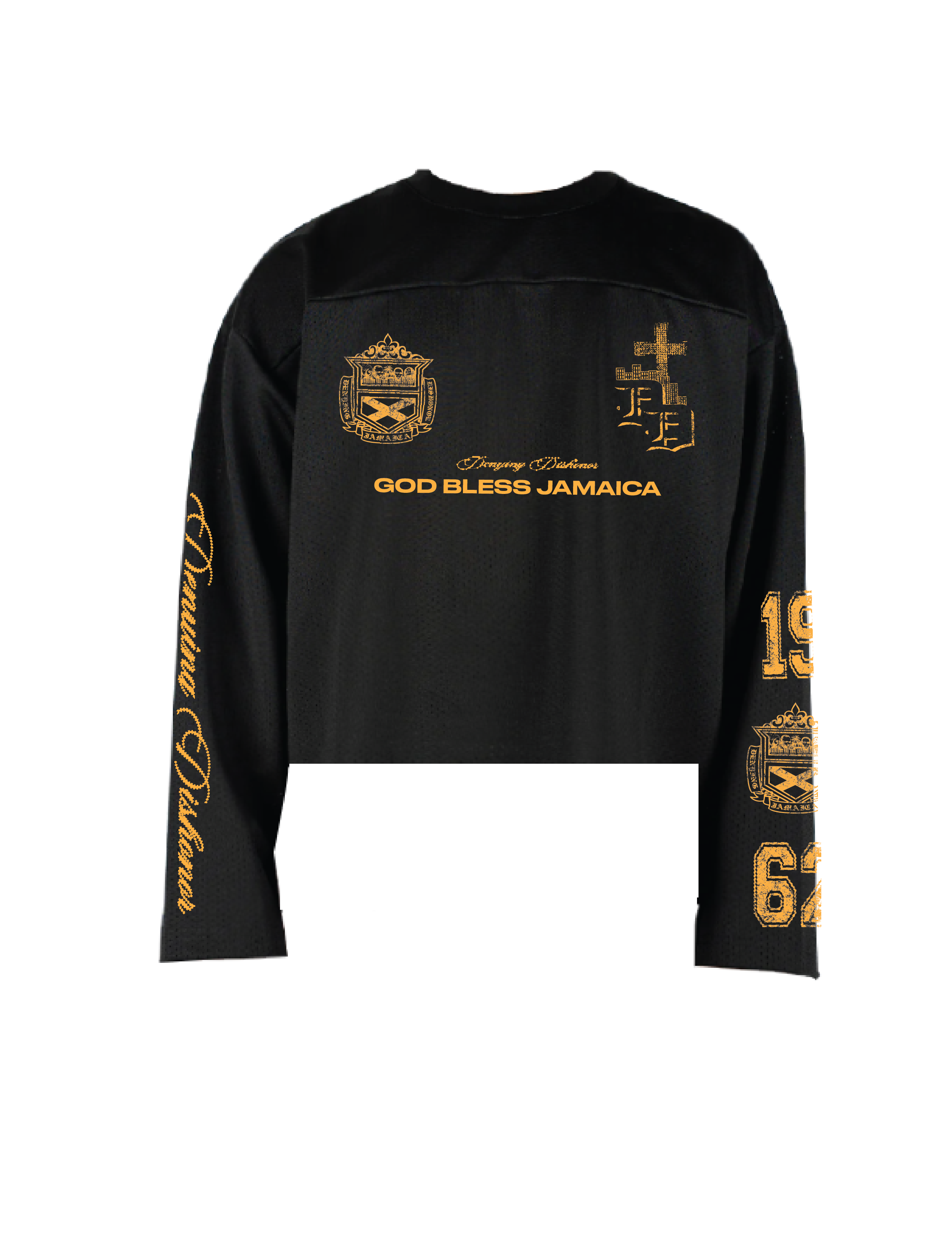 'GOD BLESS JAMAICA' cropped mesh jersey in black