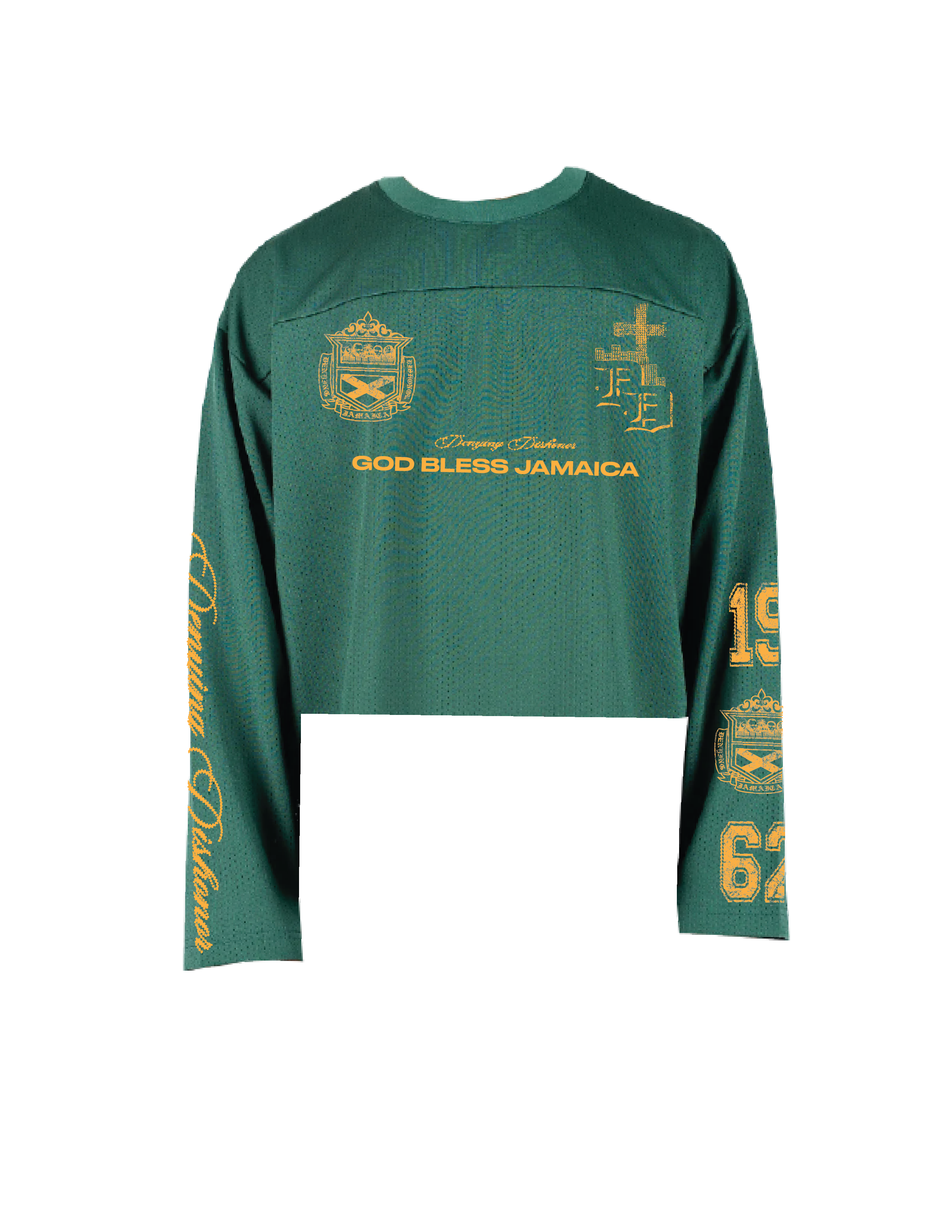 'GOD BLESS JAMAICA' cropped mesh jersey in green