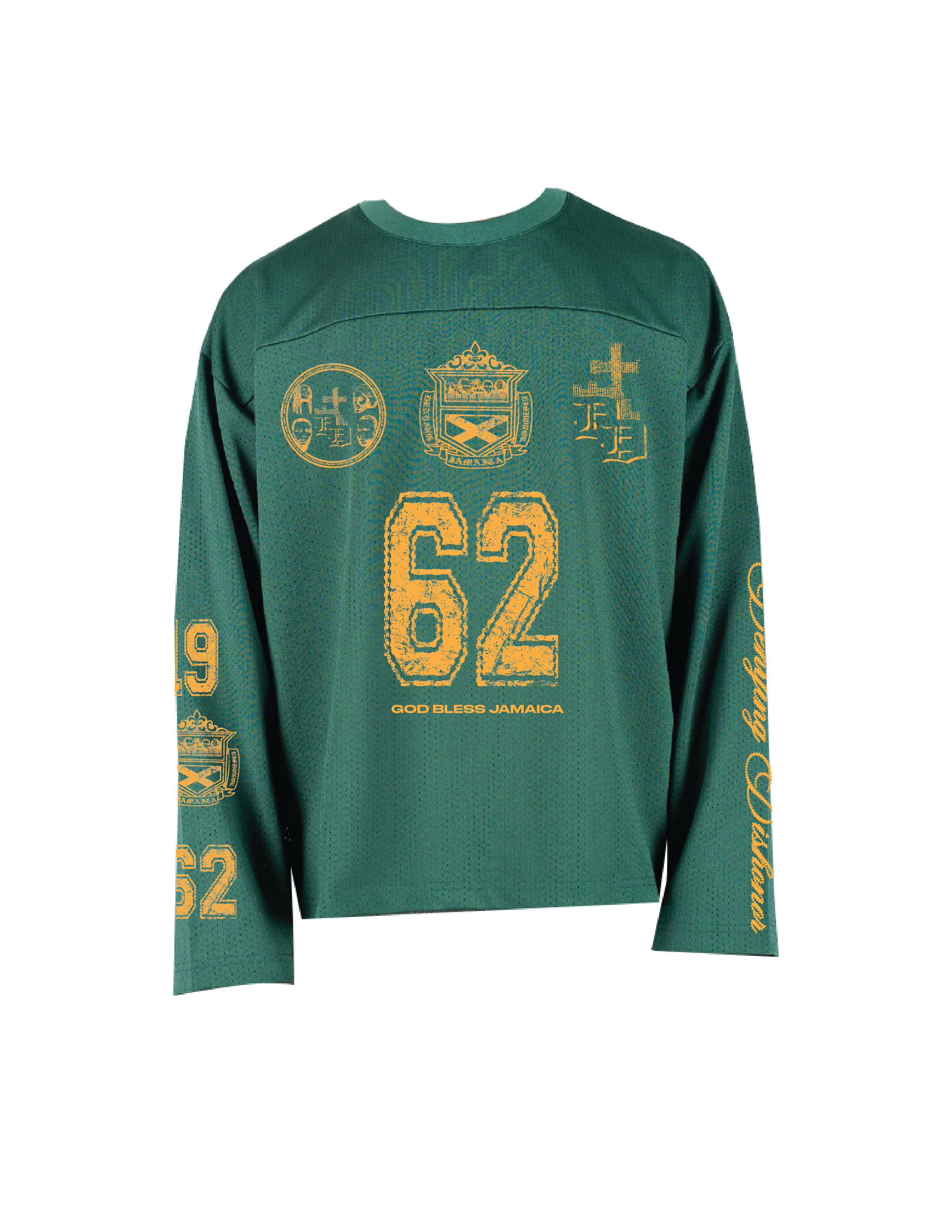 'GOD BLESS JAMAICA' mesh long sleeve jersey in green