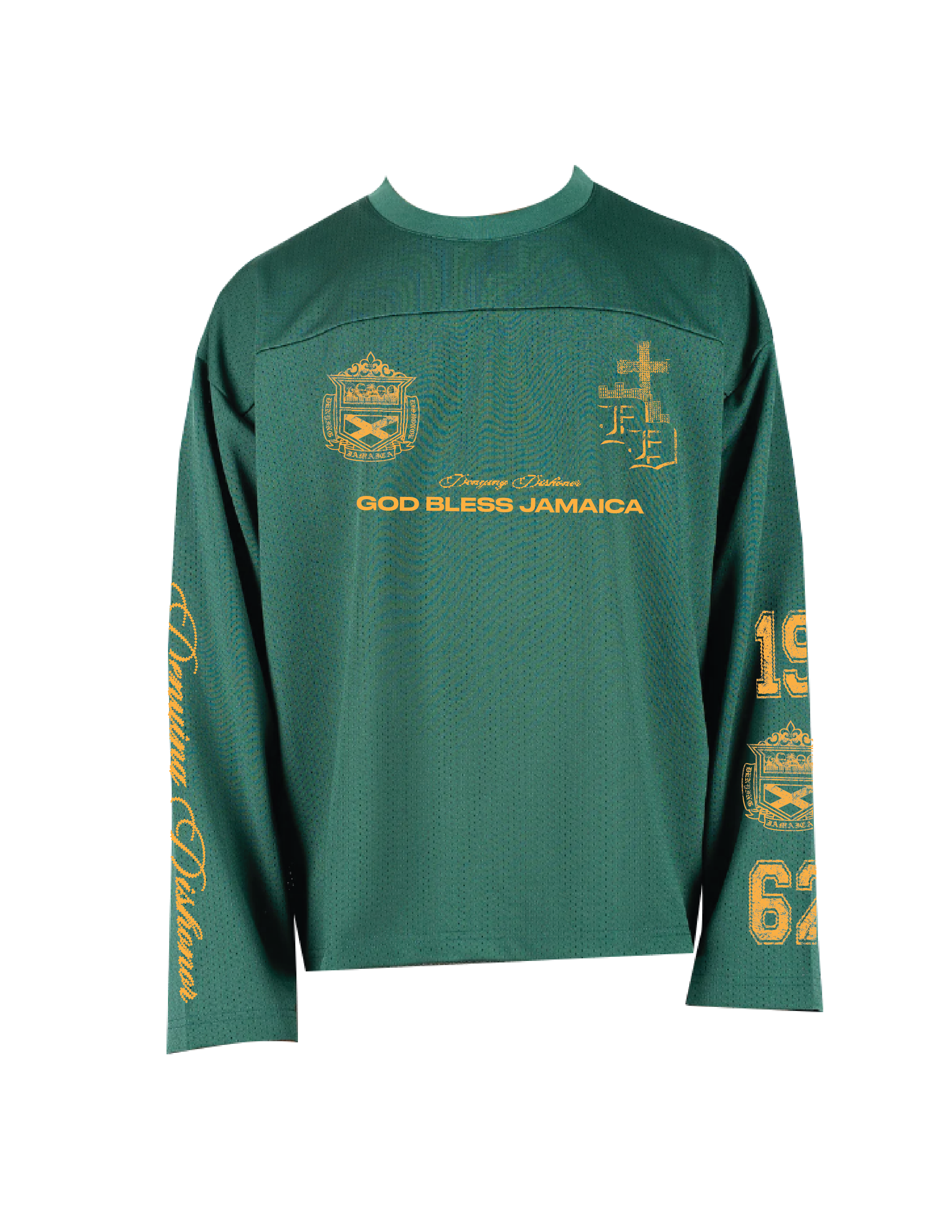 'GOD BLESS JAMAICA' mesh long sleeve jersey in green